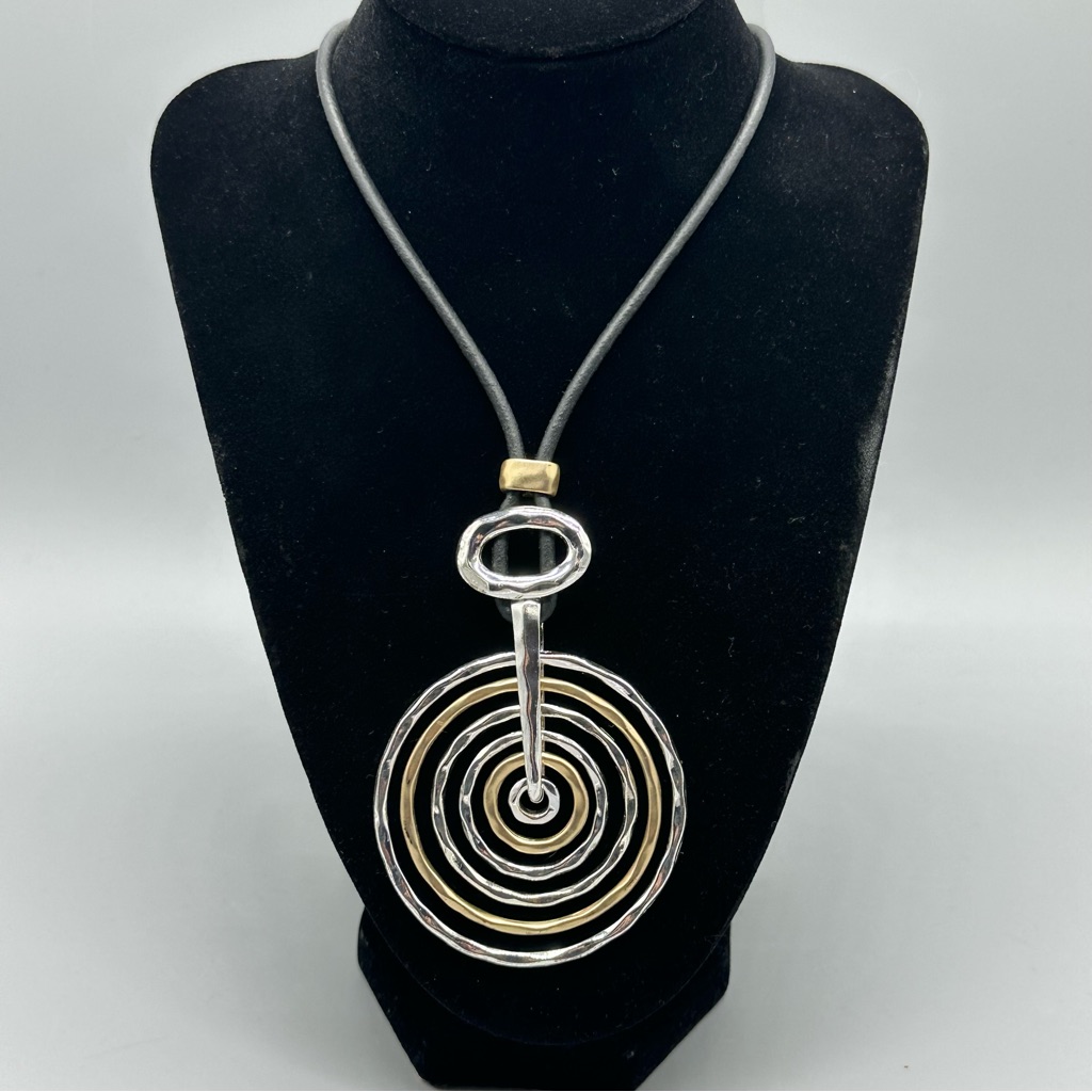 Chico’s Brushed Gold Silver Tone Brutalist Leather Pendant Statement Necklace